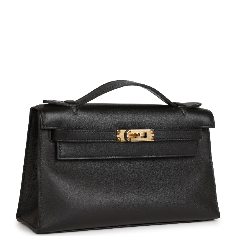 Hermes Kelly Pochette Black Swift Gold Hardware