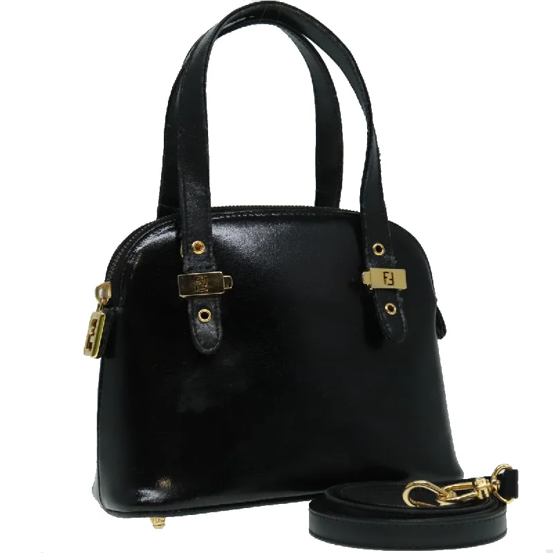 FENDI Hand Bag Leather 2way Black Gold  85768