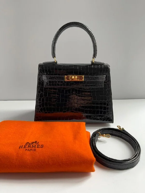 Hermès Kelly 20 Mini Black Shiny Porosus Crocodile Gold Hardware - 2000, D Square