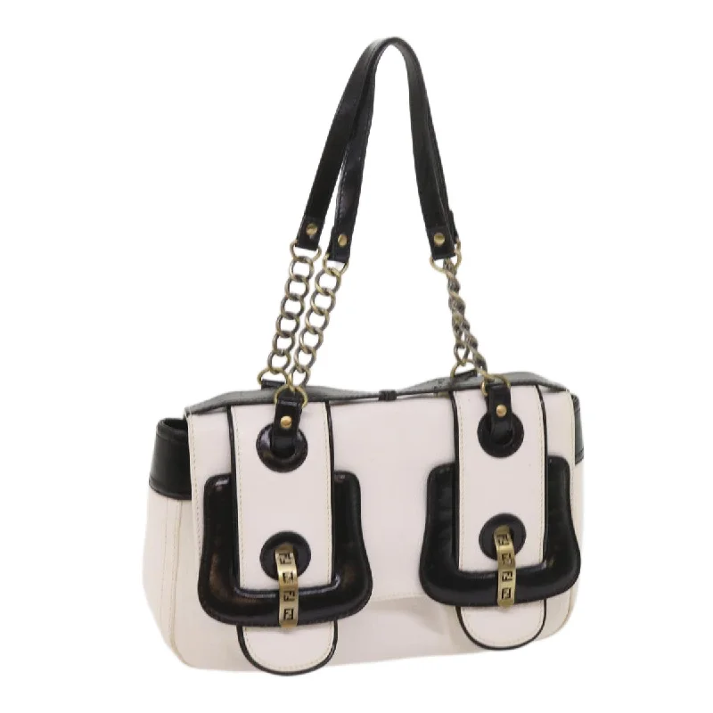 FENDI Hand Bag Leather Black White  65124