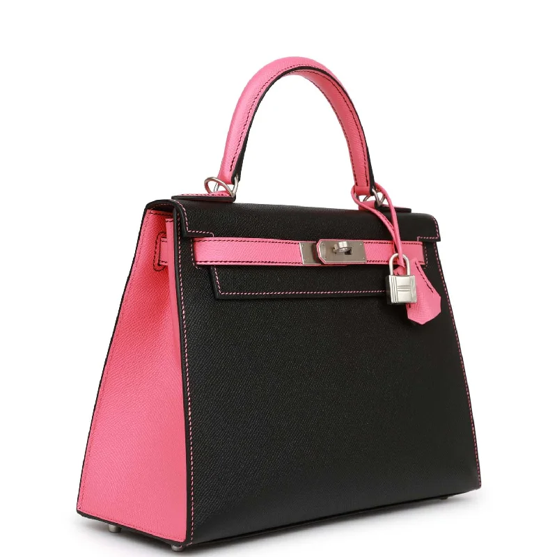 Hermes Special Order (HSS) Kelly Sellier 28 Black and Rose Azalee Epsom Brushed Palladium Hardware