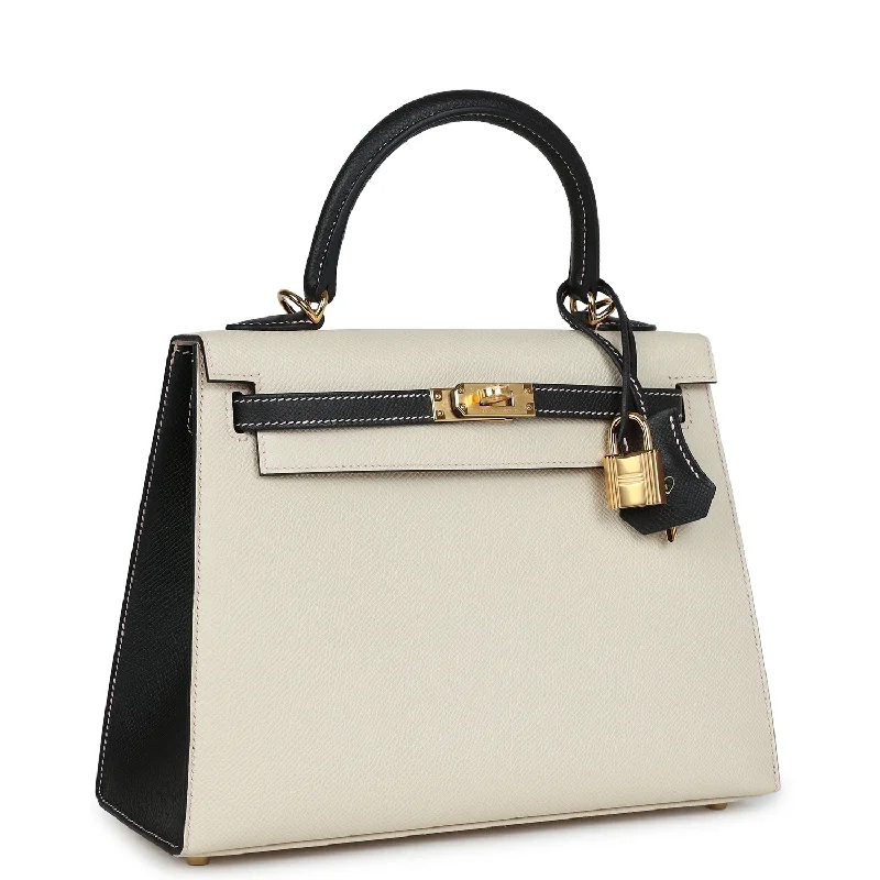 Hermes Special Order (HSS) Kelly Sellier 25 Craie and Black Epsom Gold Hardware