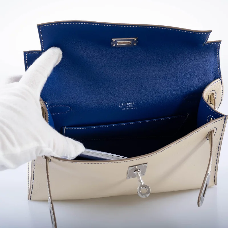 Hermès HSS Kelly Pochette Craie & Blue Electric Swift with Palladium Hardware - 2021, Z