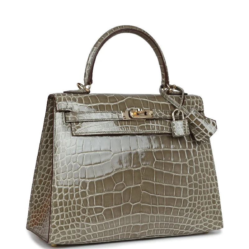 Hermes Special Order (HSS) Kelly Sellier 25 Gris Tourterelle Verso Shiny Alligator Gold Hardware