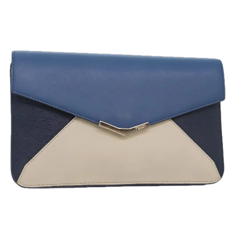 FENDI Clutch Bag Leather Blue Silver white  bs18021