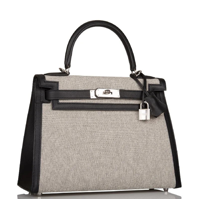 Hermes Kelly Sellier 28 Black Toile and Swift Palladium Hardware