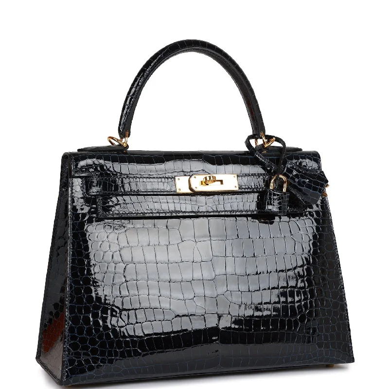 Hermes Kelly Sellier 28 Bleu Baltique Shiny Porosus Crocodile Gold Hardware